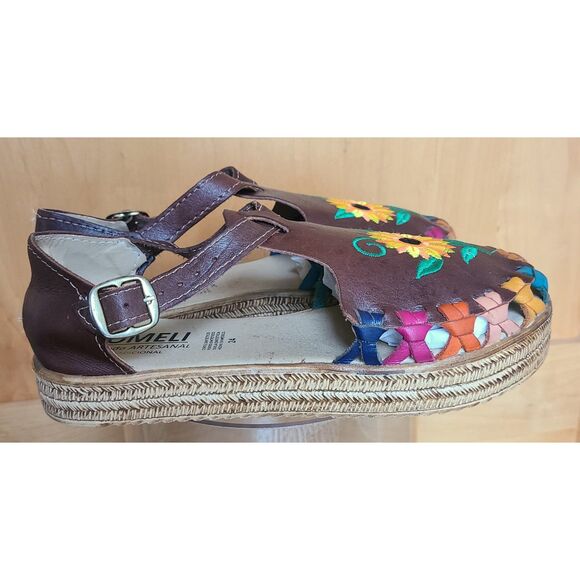 Lomeli Brown Leather Embroidered Mary Jane Sandals US 7 Sunflower Boho Bohemian - Picture 2 of 8